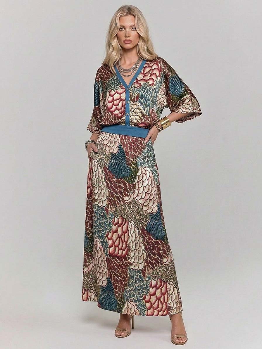 Retro Scale Print Satin Skirt Two-Piece Set