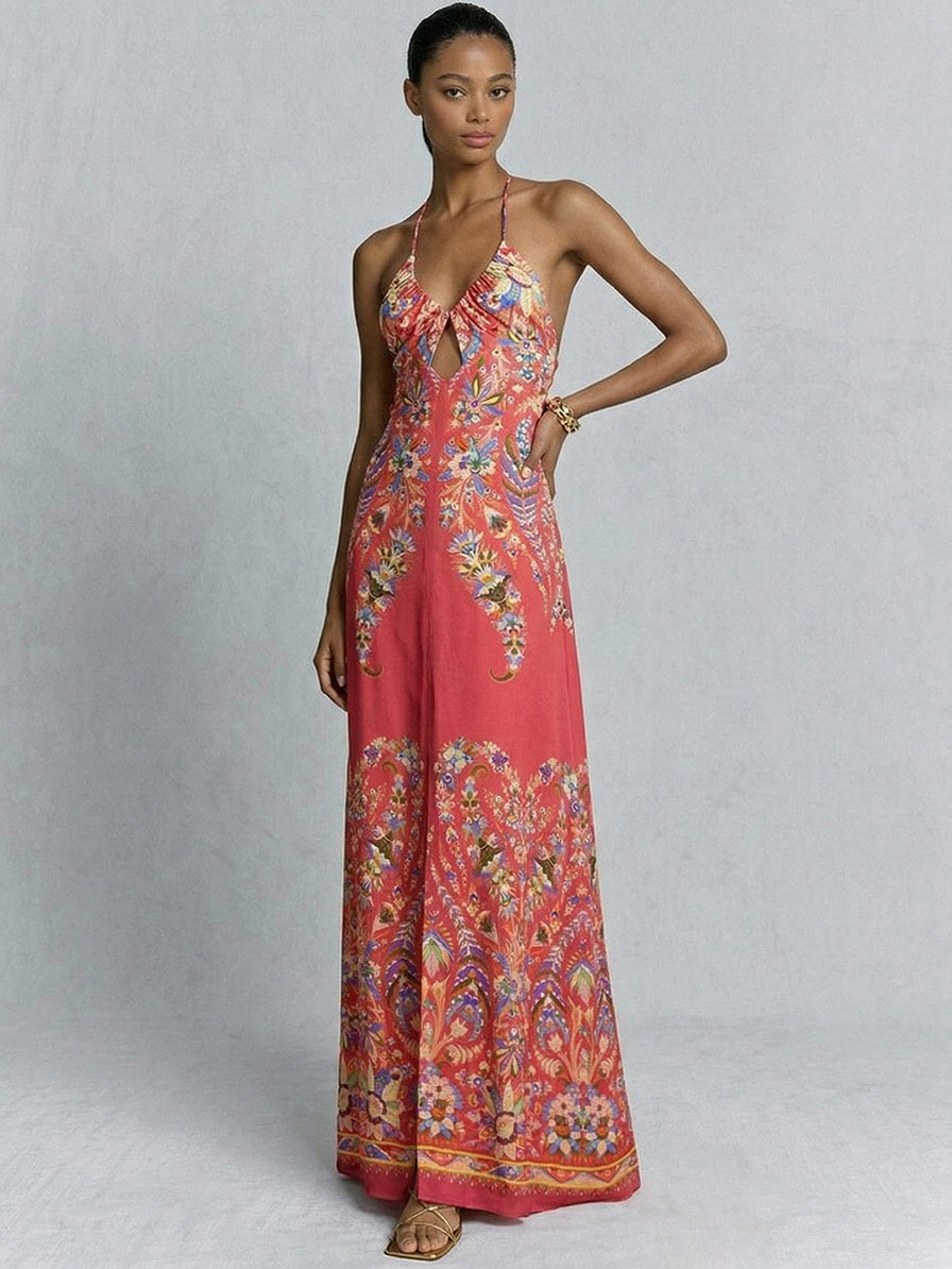Cutout Halter Paisley Print Maxi Dress