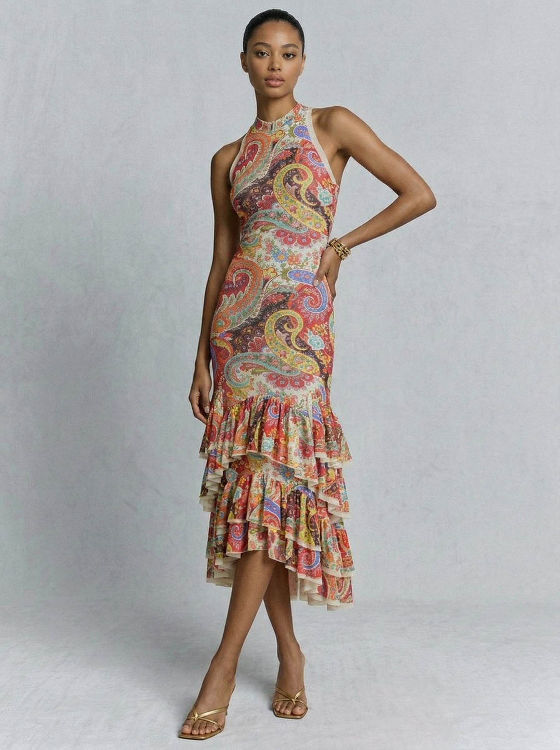 Colorful  Paisley Print Ruffled Hem Halter Midi Dress