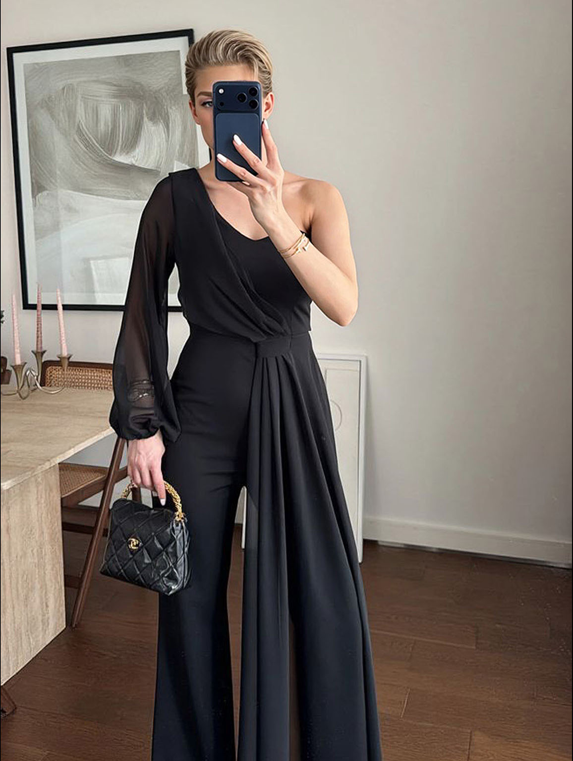 Charming One-Shoulder Sheer Sleeve Draped Jumpsuit