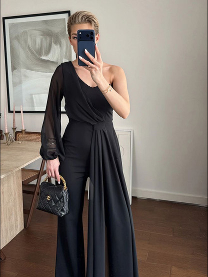 Charming One-Shoulder Sheer Sleeve Draped Jumpsuit