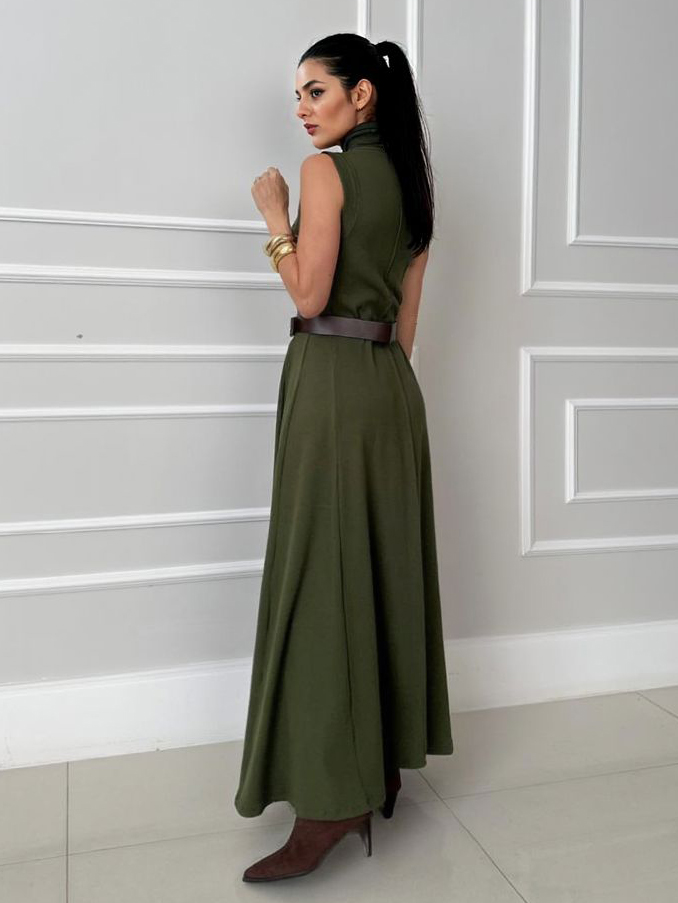Elegant Sleeveless High-Neck Belted Maxi Dress