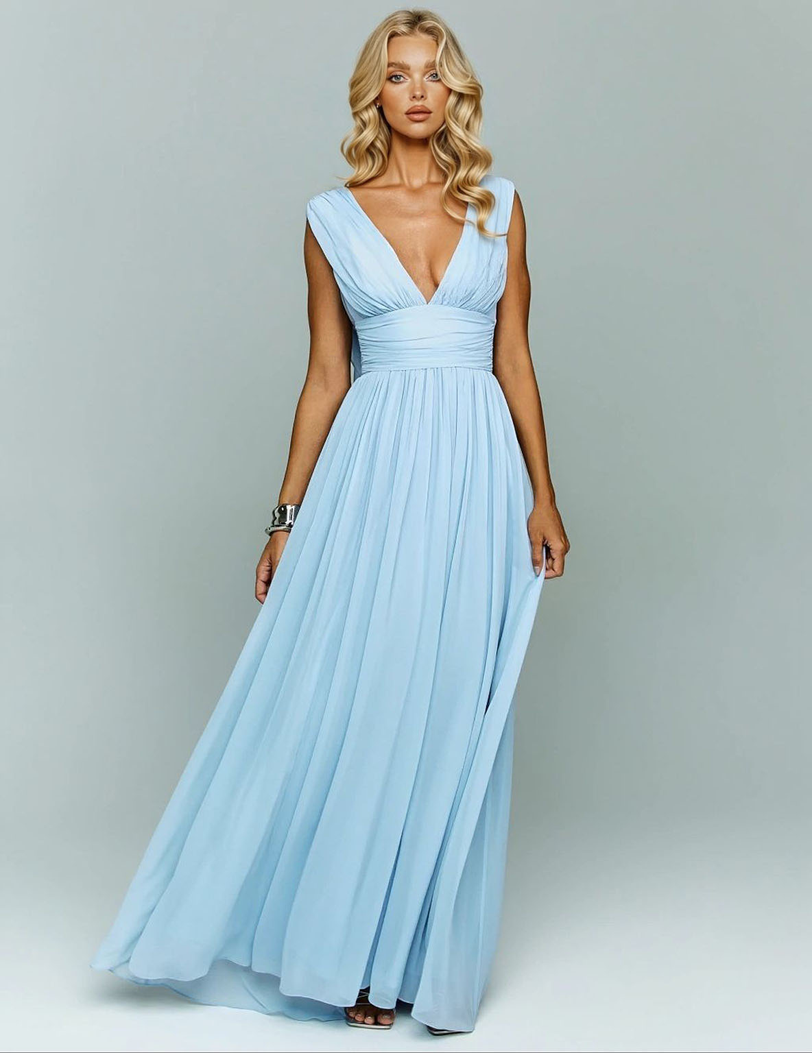 Elegant Chiffon Backless Ruched Maxi Dress