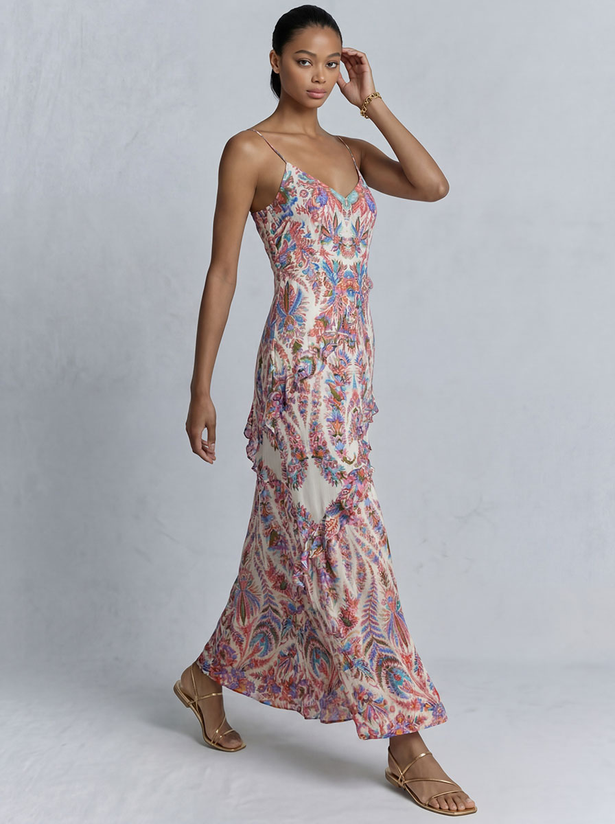 Elegant Paisley Print Ruffled Slip Maxi Dress