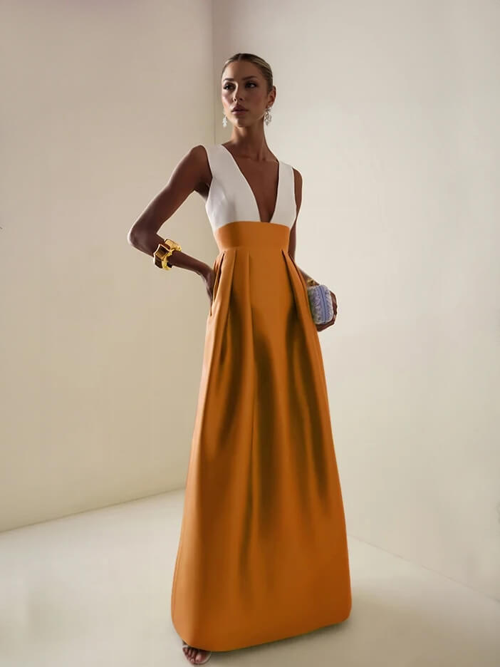 Elegant Deep V-Neck Colorblock Ruched A-Line Maxi Dress