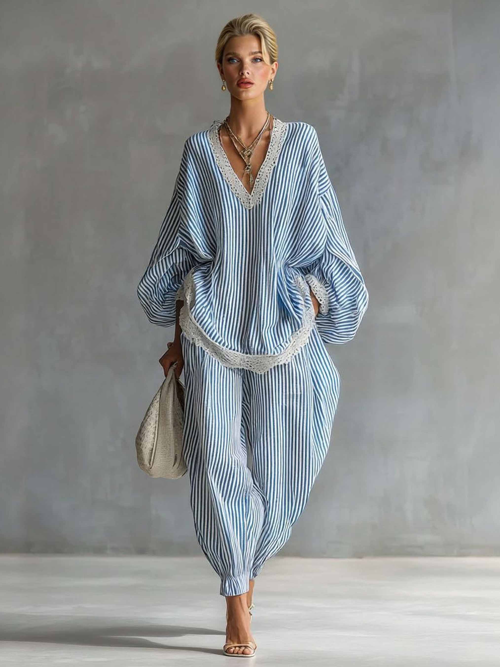 Casual Striped Batwing Sleeve Top & Drawstring Jogger Pants Two-Piece Set