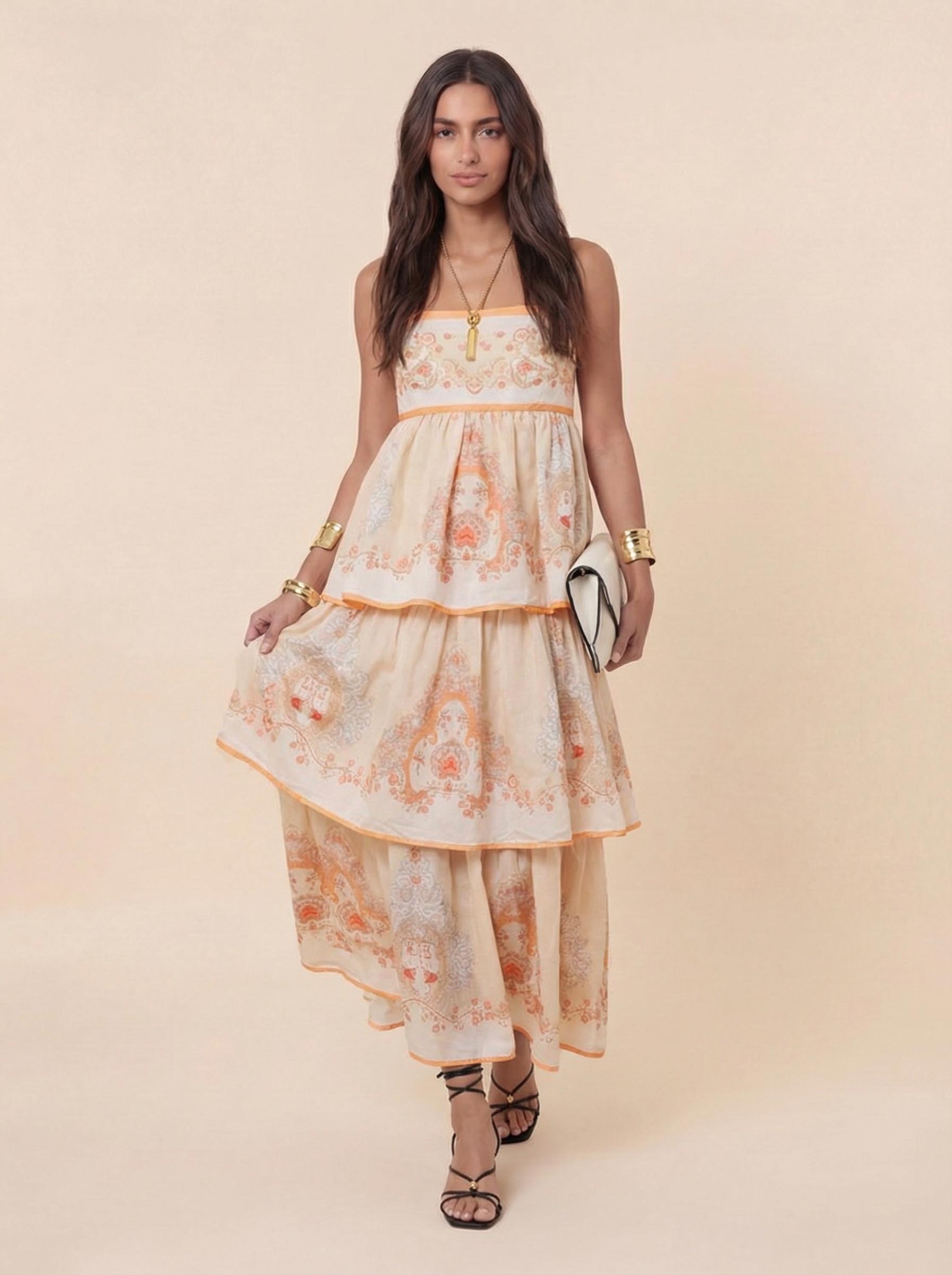 Bohemian Strapless Printed Tiered Maxi Dress