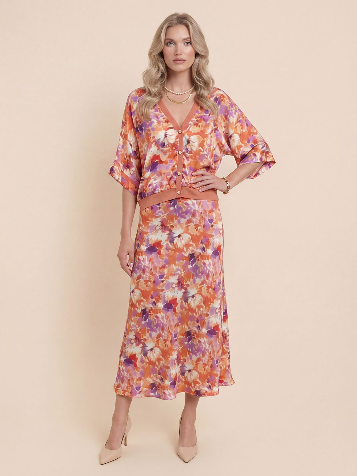 Exquisite Floral Print Satin Two-Piece Set