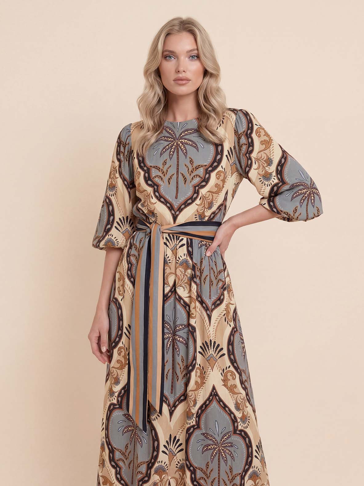 Elegant Vintage Palm Print Belted Maxi Dress