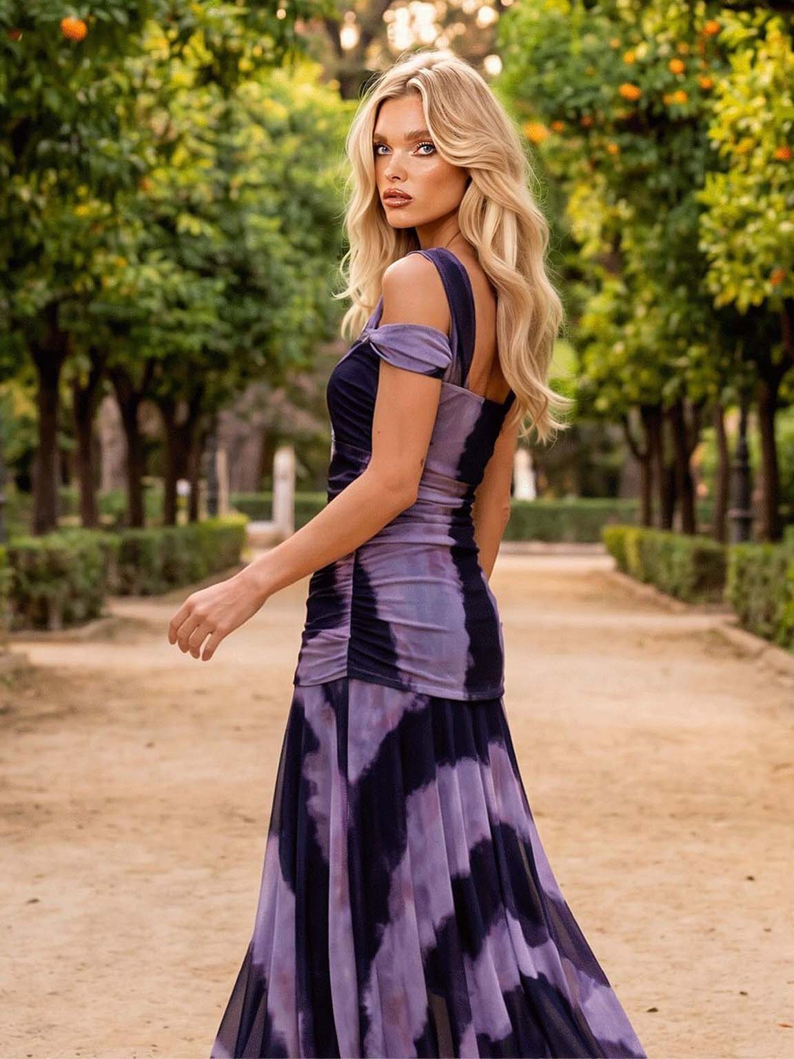 Elegant One-Shoulder Ruched Tie-Dye Chiffon Maxi Dress