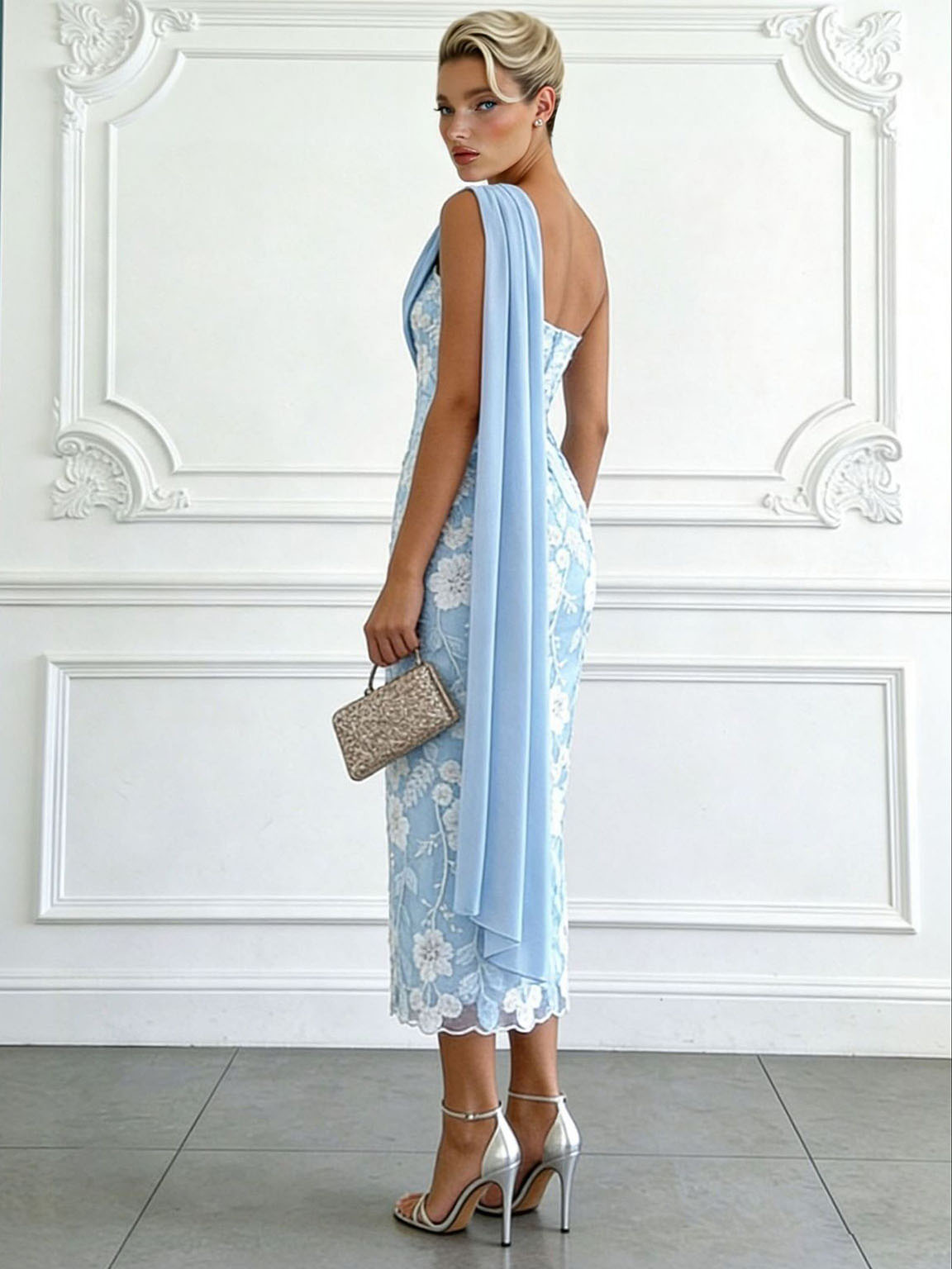 Elegant One-Shoulder Embroidered Lace Draped Midi Dress