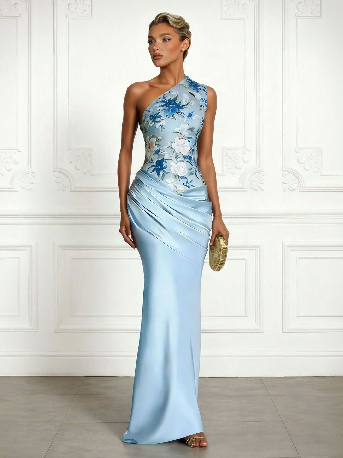 Elegant One-Shoulder Draped Satin Floral Maxi Dress