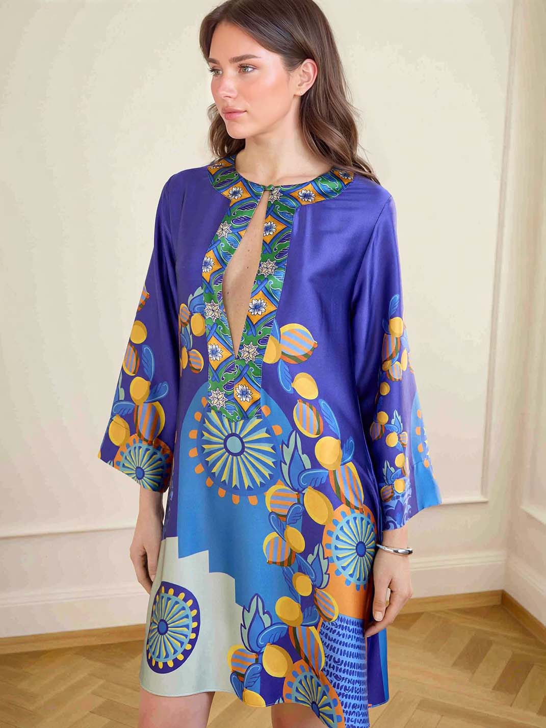 Unique Painted Print Satin Kaftan Maxi Dress