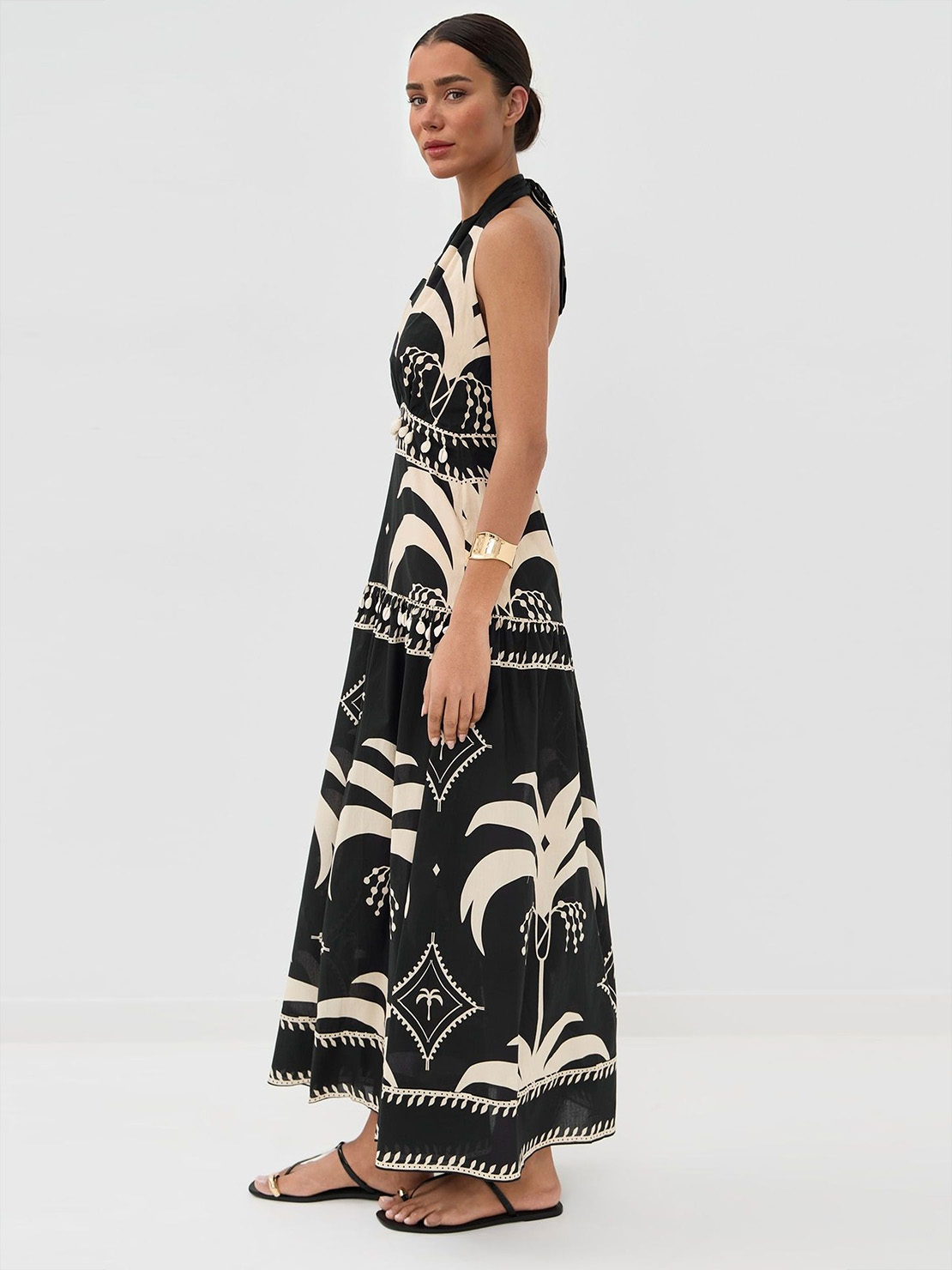 Retro Palm Leaf Print Halter Neck Maxi Dress