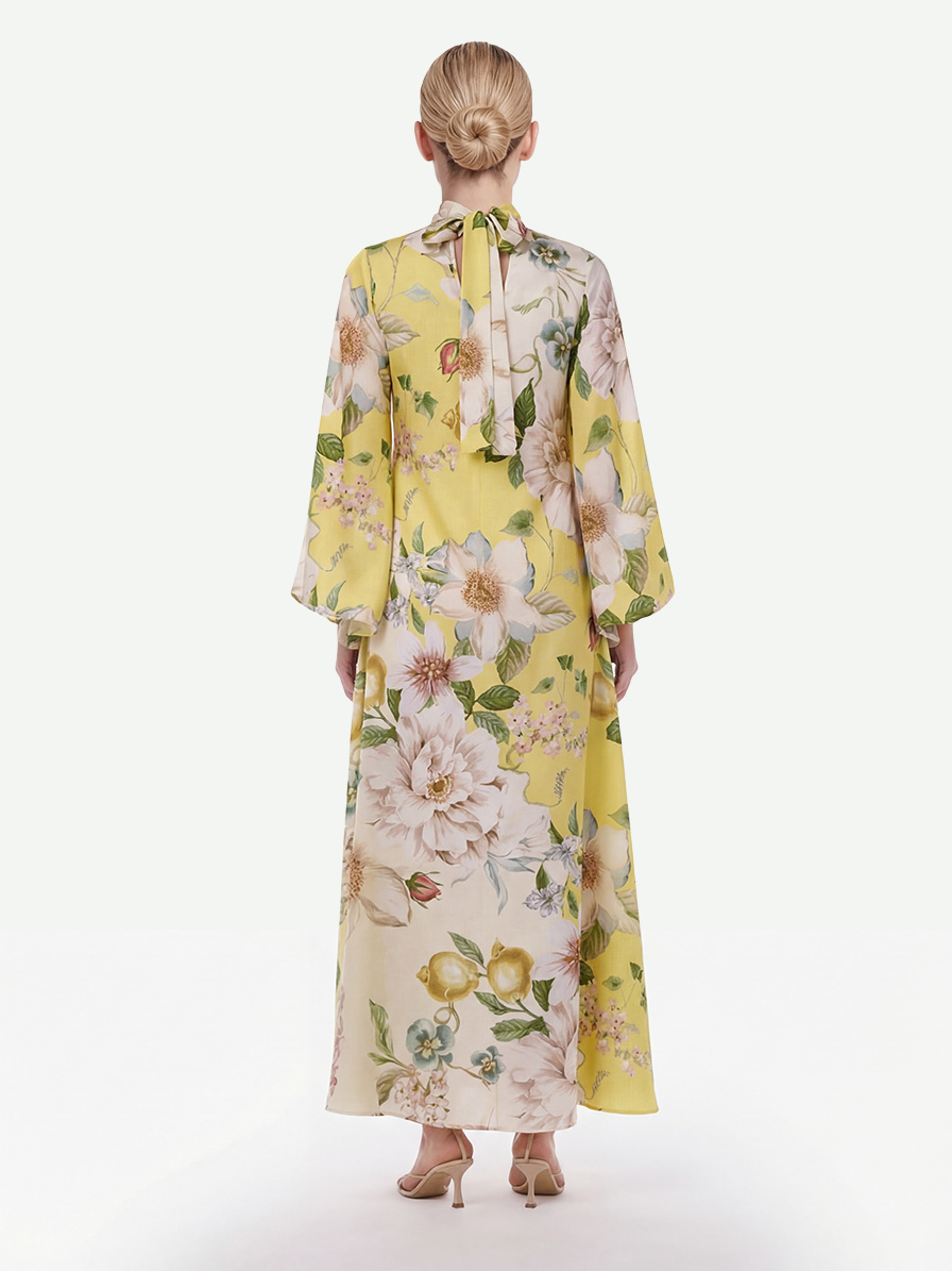 Elegant Floral Print Bell Sleeve Maxi Dress