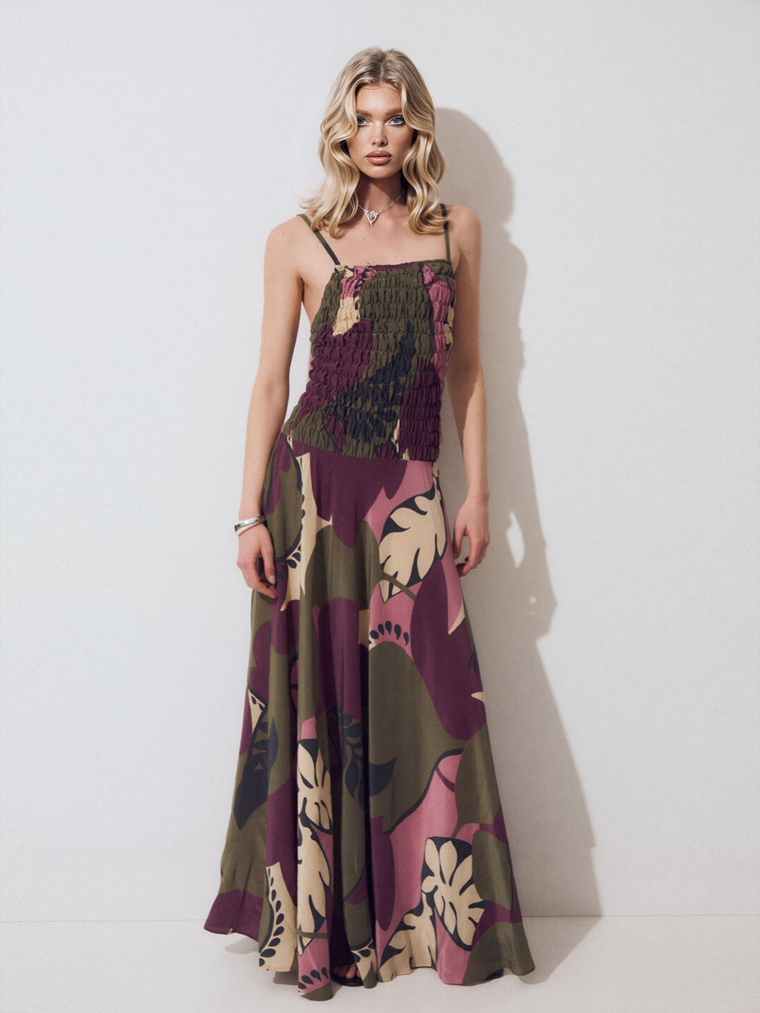 Smocked Bodice Tropical Leaf Print Spaghetti Strap Maxi Dress