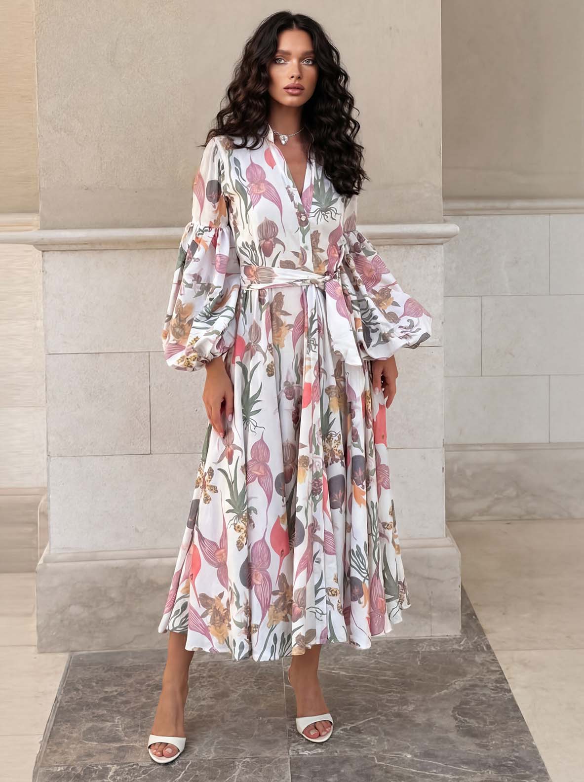 Elegant Botanical Floral Print Midi Dress
