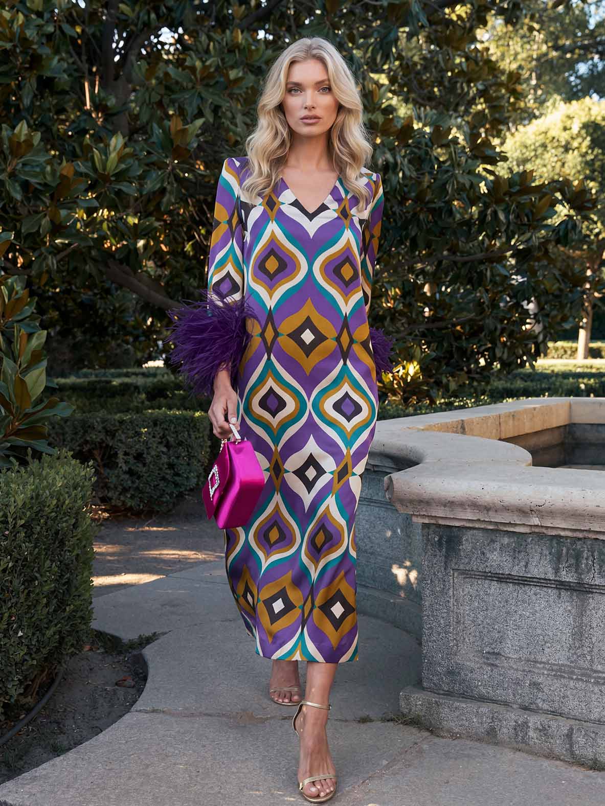 Elegant Geometric Print Feather Cuff Satin Maxi Dress