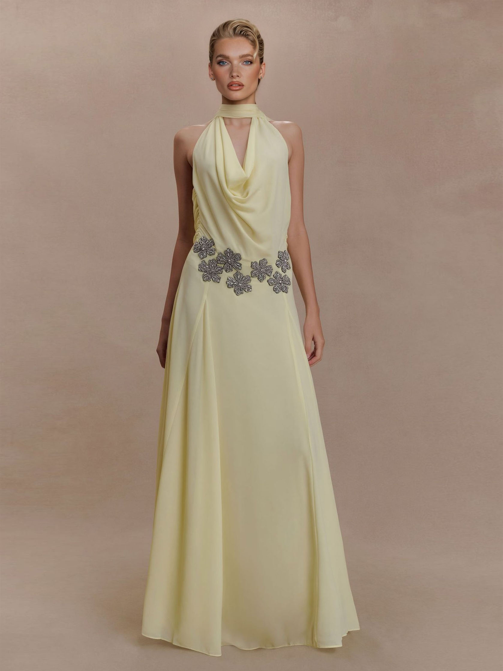 Elegant Draped Halter Embellished Maxi Dress