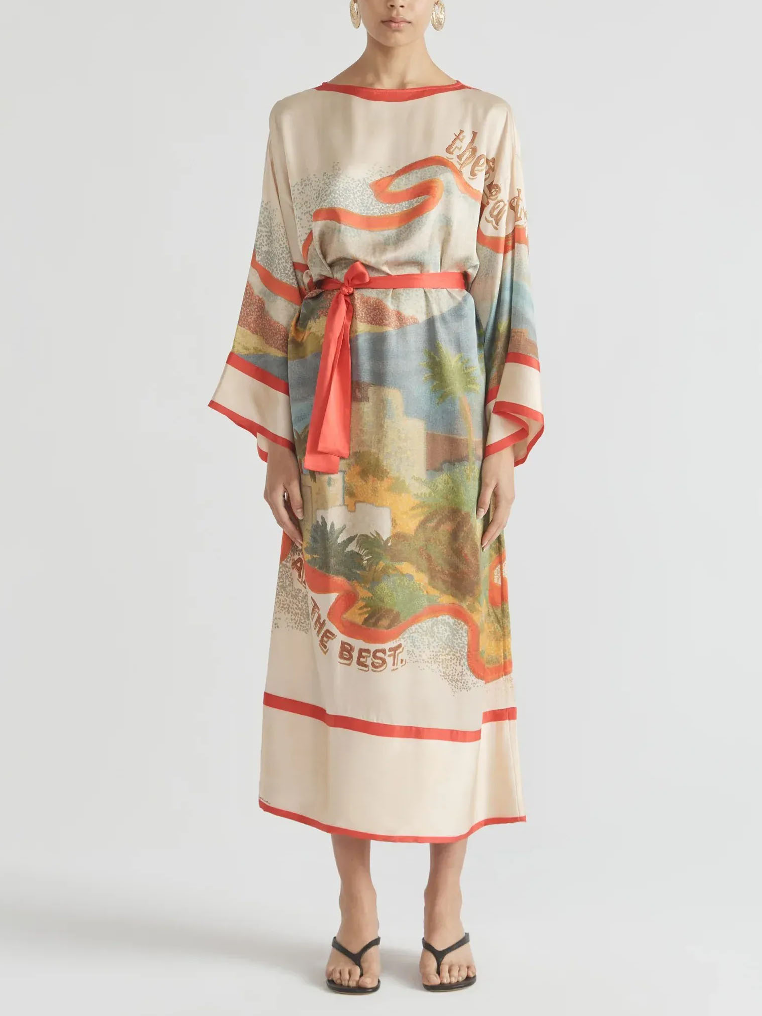 Elegant Scenic Print Kimono-Style Belted Maxi Dress