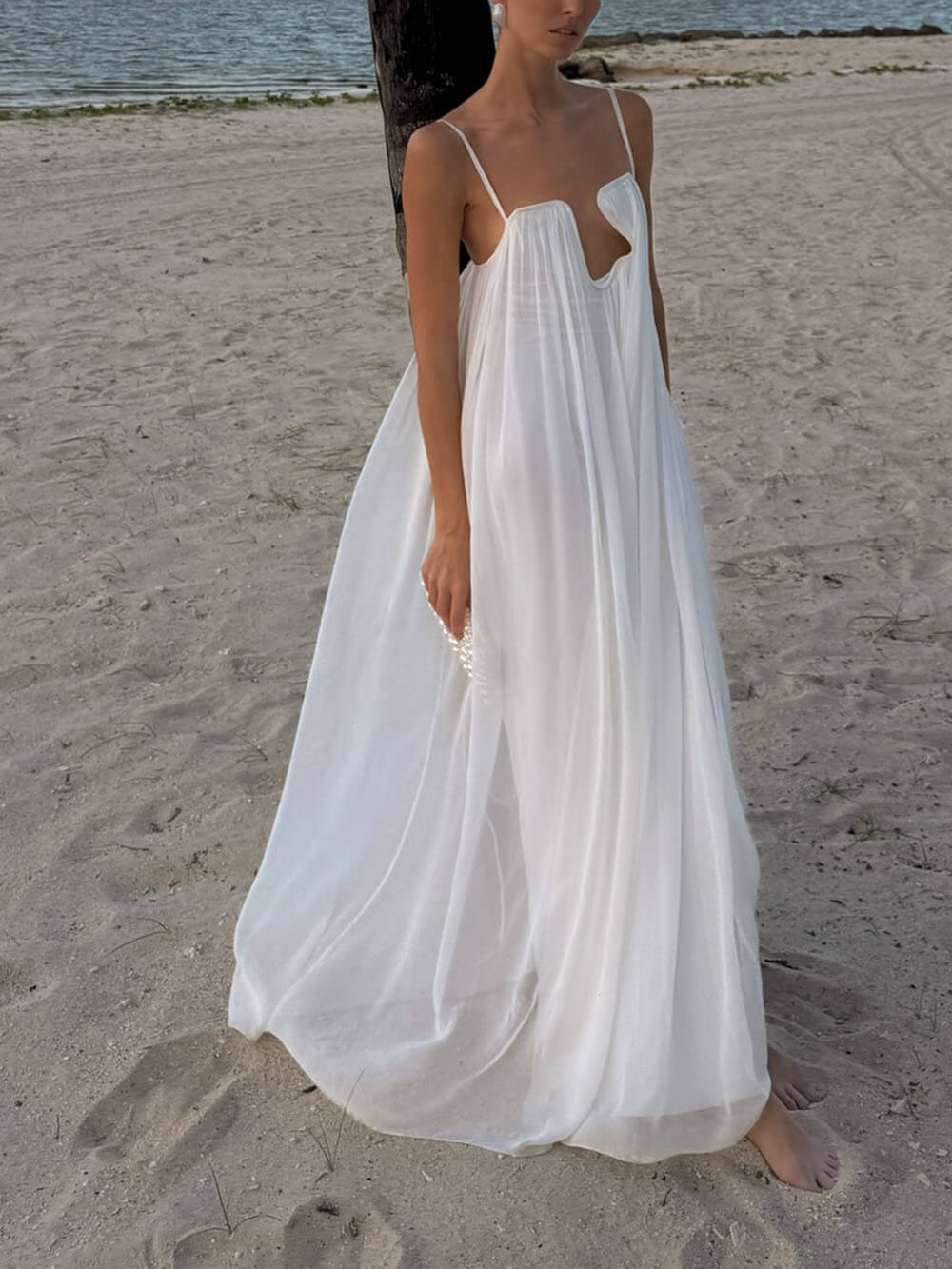 Fashion Flowy Chiffon Plunging Chest Cutout Slip Loose Maxi Dress