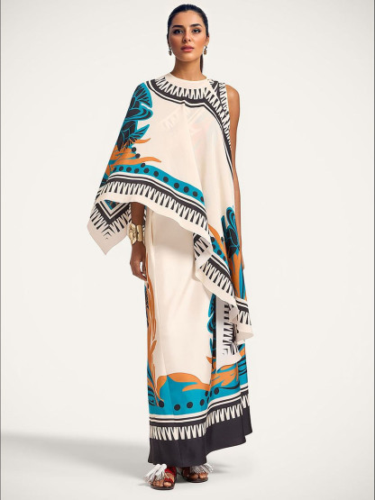 Exquisite Printed One-Shoulder Dress With Detachable Shawl Two-Piece Set