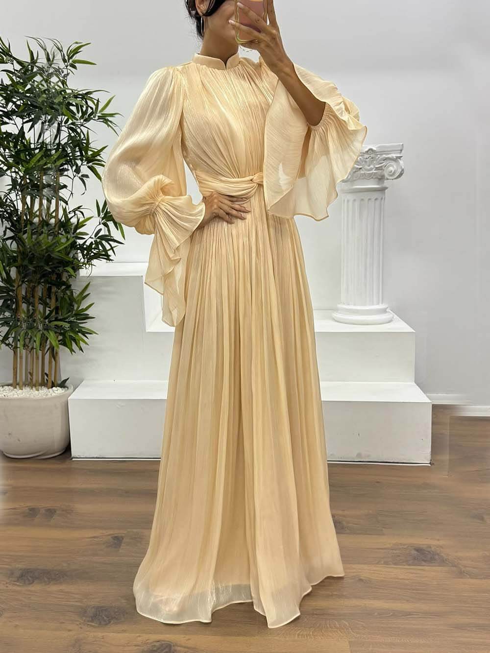 Fashionable Pleated Waist Long-Sleeved Chiffon Evening Maxi Dress