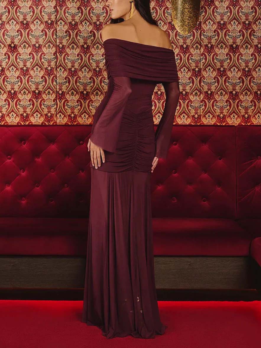 Elegant Off-the-shoulder Mesh Long-sleeved Maxi Dress