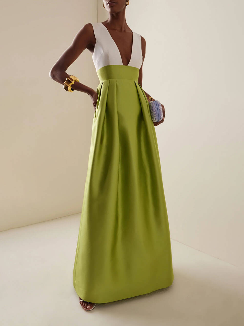 Elegant Deep V-Neck Colorblock Ruched A-Line Maxi Dress