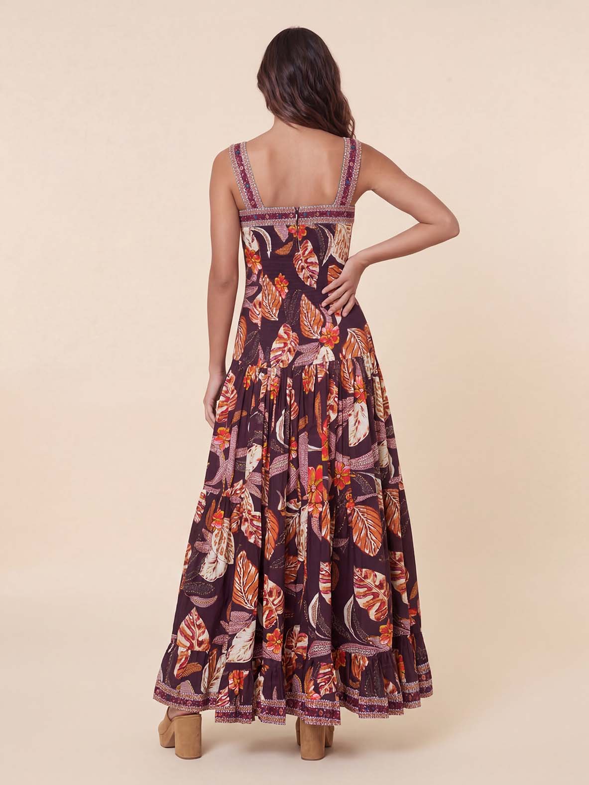 Square Neck Tropical Leaf Print Tiered Maxi Dress
