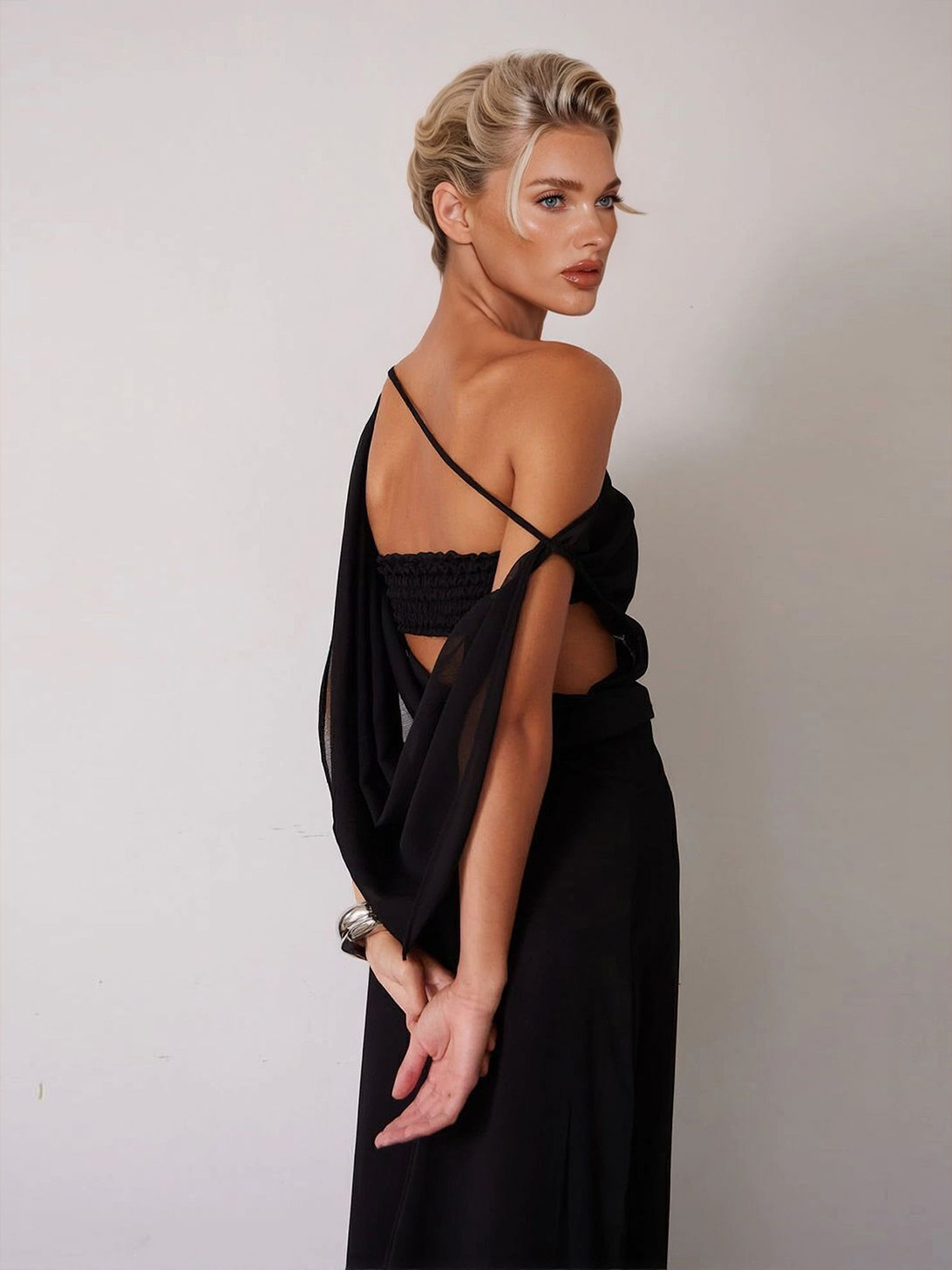 Elegant One-Shoulder Ruched Waist Flowy Maxi Dress