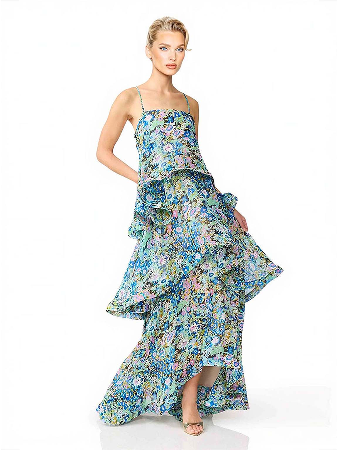 Elegant Vibrant Floral Print Tiered Ruffle Maxi Dress