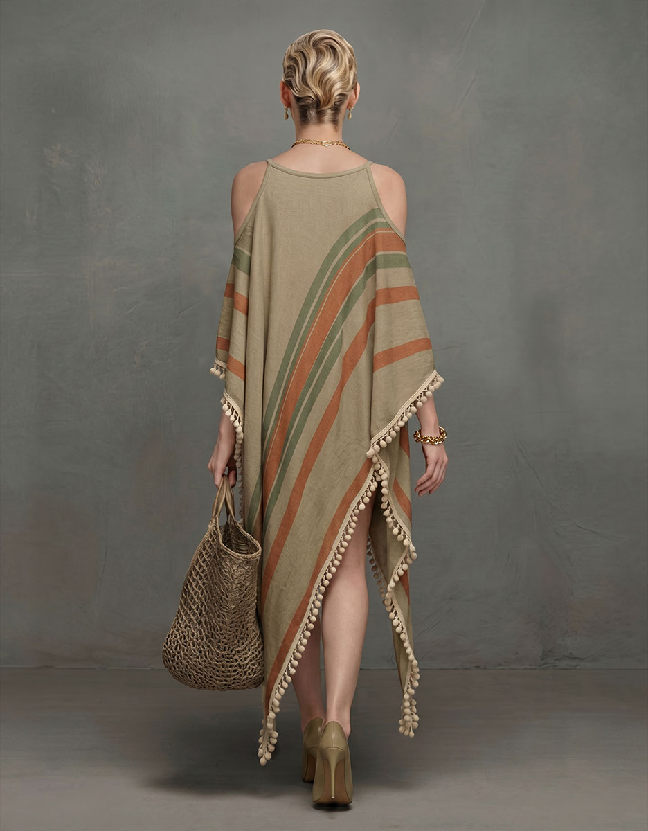 Casual Striped Tassel Asymmetric Shawl Top Two-Piece Set