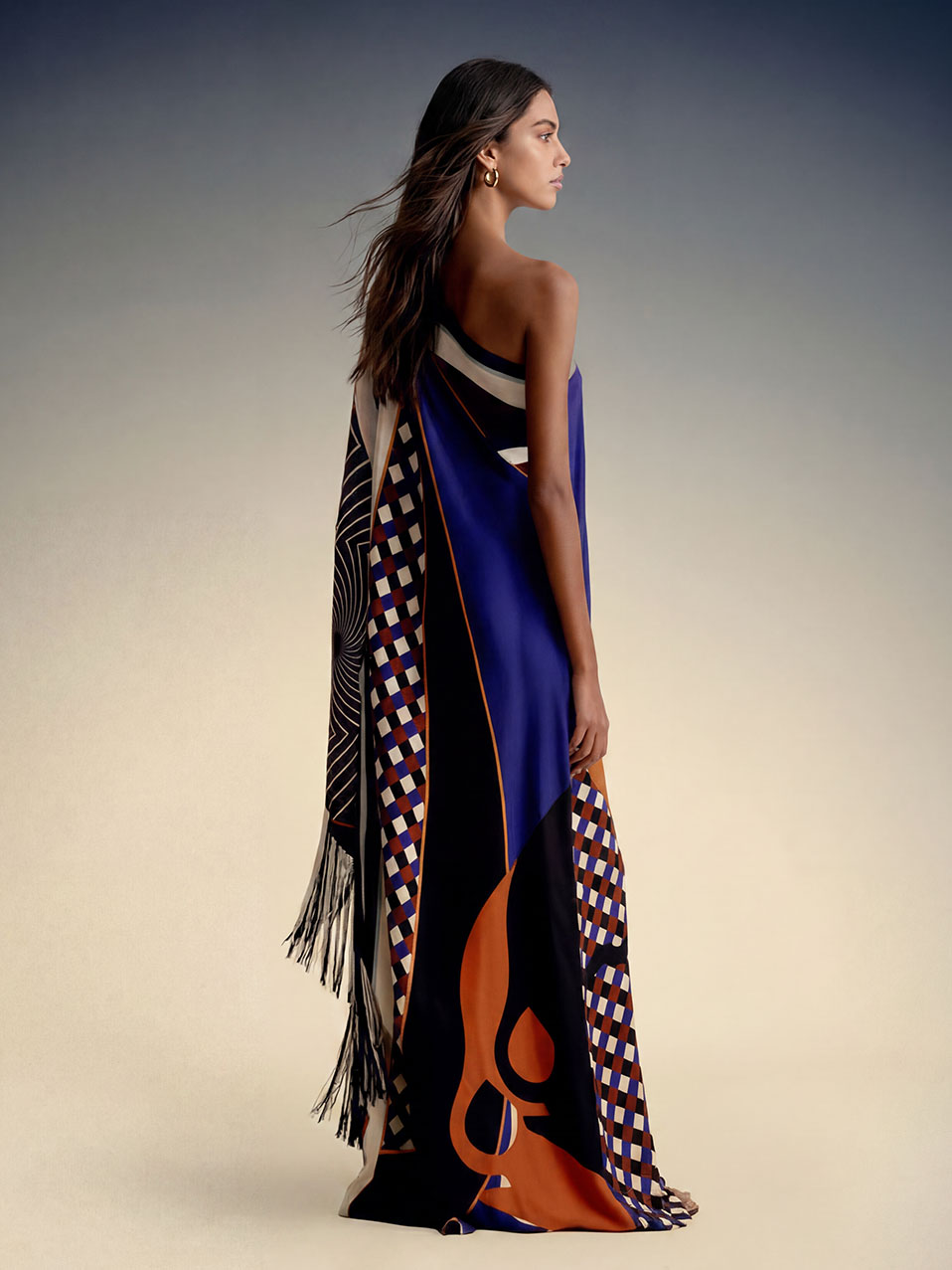 Elegant One-Shoulder Abstract Print Draped Maxi Dress