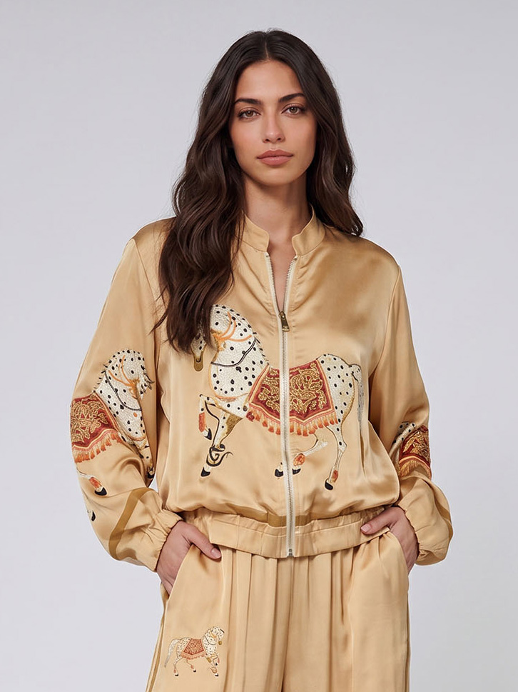 Exquisite Satin Horse Print Zip-Up Shirt