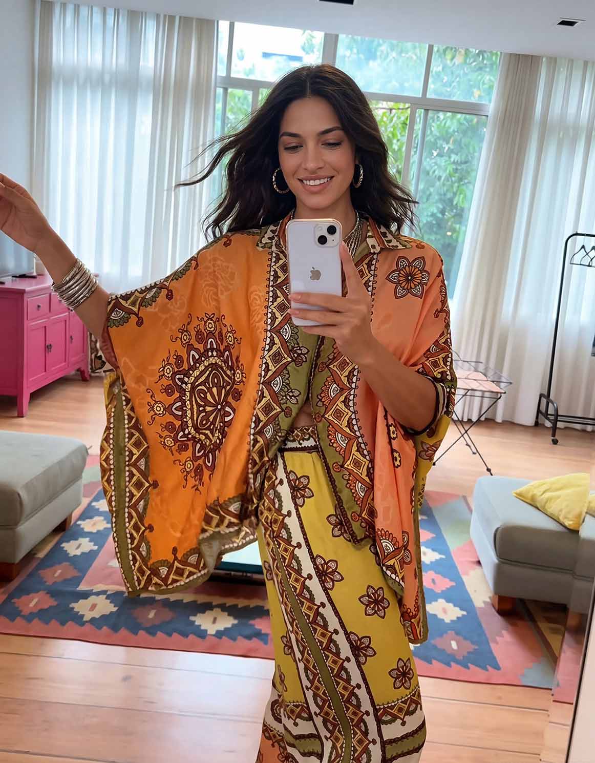 Unique Satin Paisley Print Batwing Sleeve Shirt & Trousers Two-piece Set