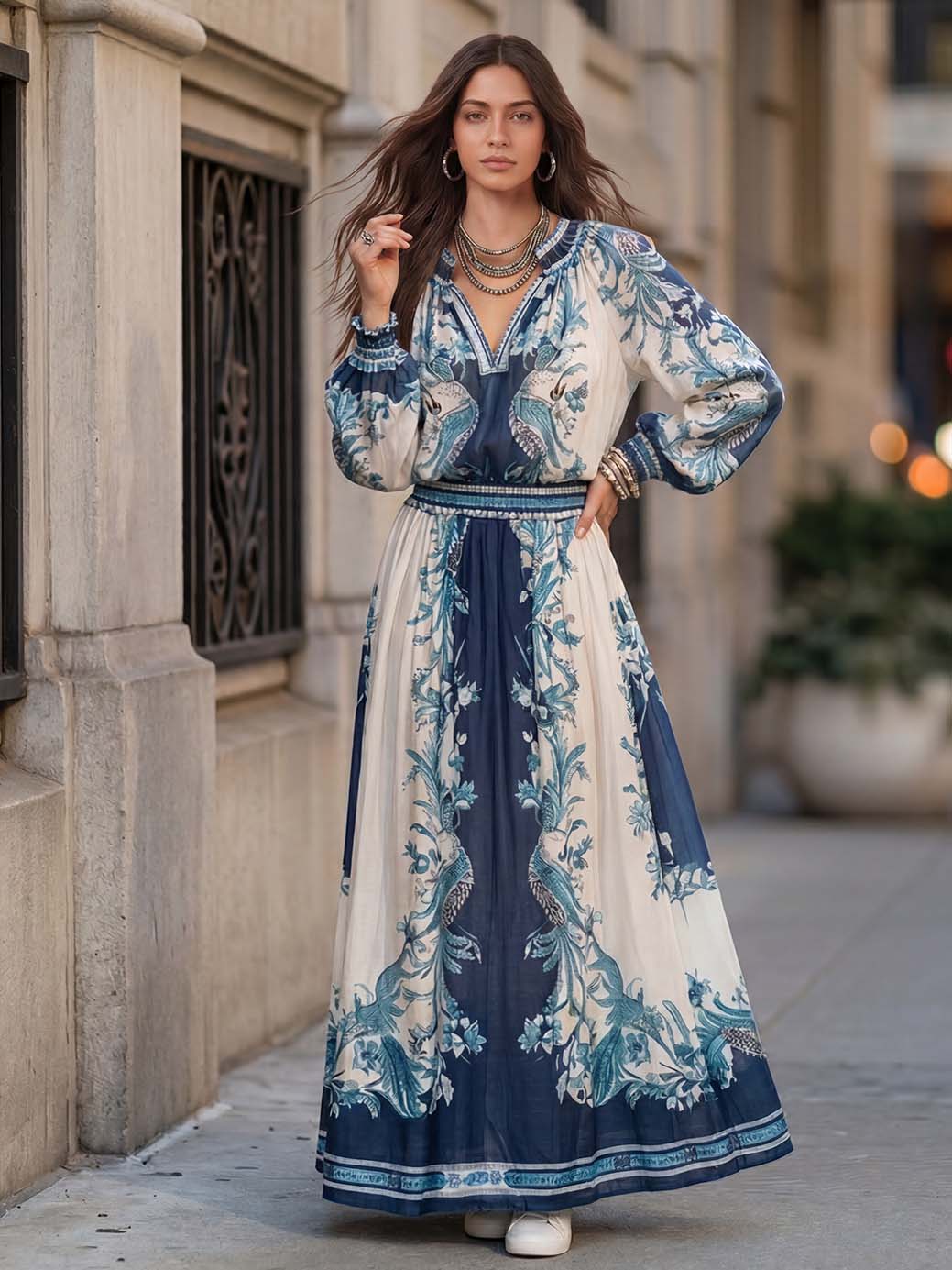 Elegant Retro Ethnic Print Two-Piece Dress