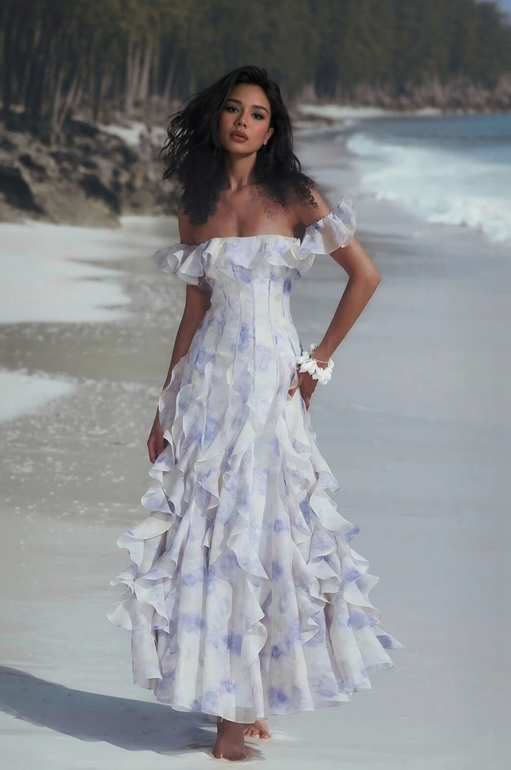 Casual Vacation-Style Strappy Floral Ruffle Maxi Dress