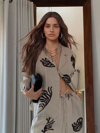 Exquisite Tropical Leaf Print Shirt & Pants Two-Piece Set