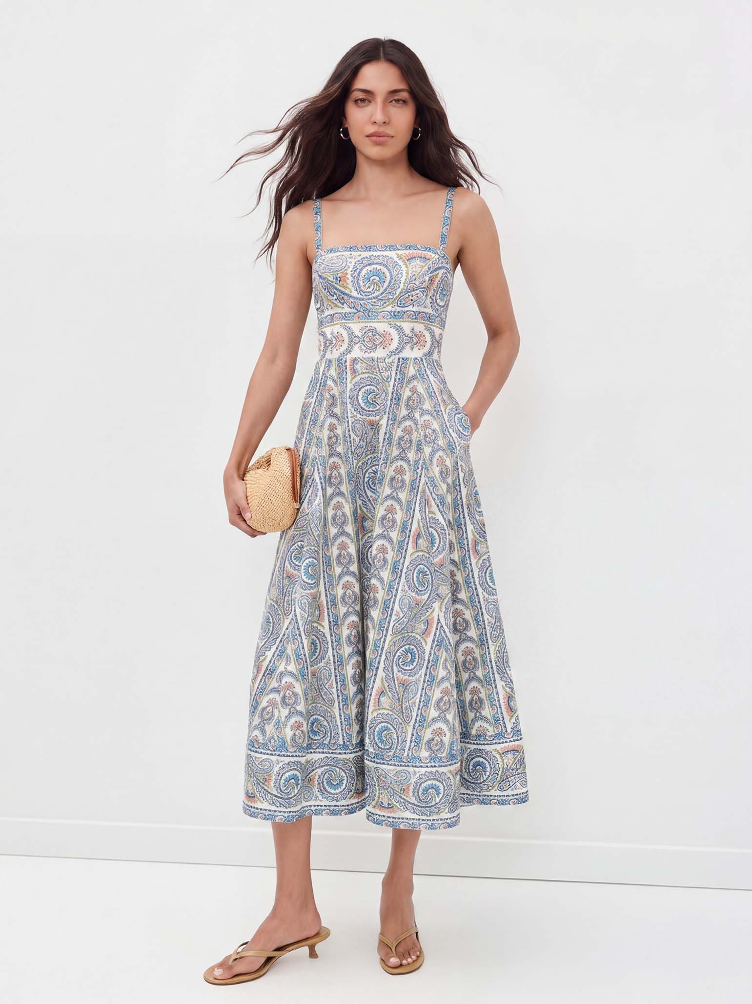 Bohemian Paisley Print Square Neck Midi Dress