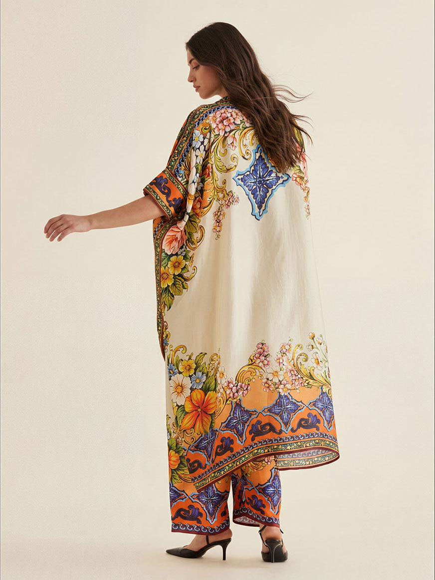 Bohemian Floral Print Draped Top & Wide-Leg Pants Set