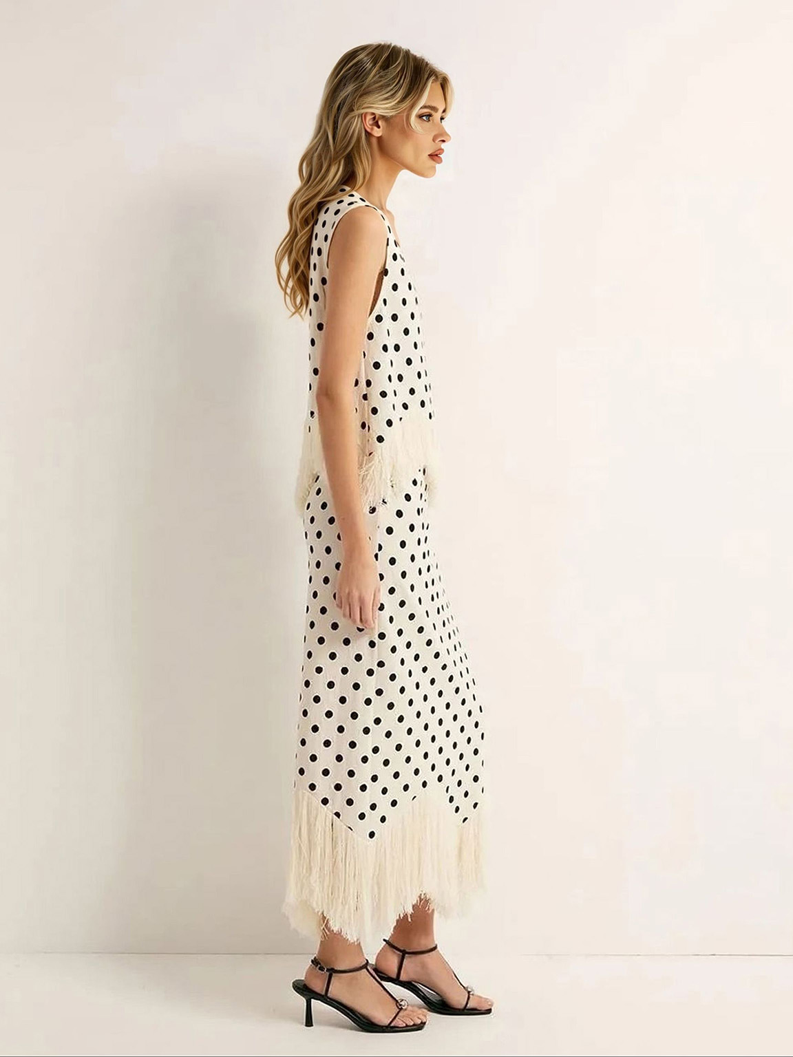 Elegant Polka Dot Fringed Asymmetrical Skirt Two-Piece Set