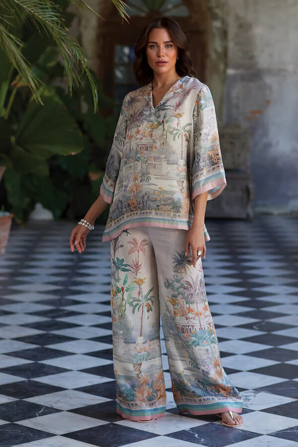 Playful Elegance Digital Print Loose Elastic Waist Wide Leg Pants