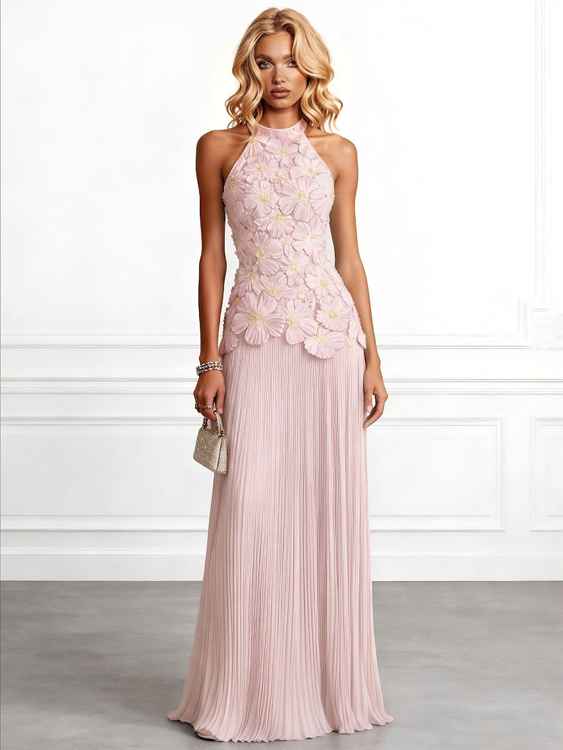 Elegant halter neck 3D kvetinová aplikácia riasená maxi šaty