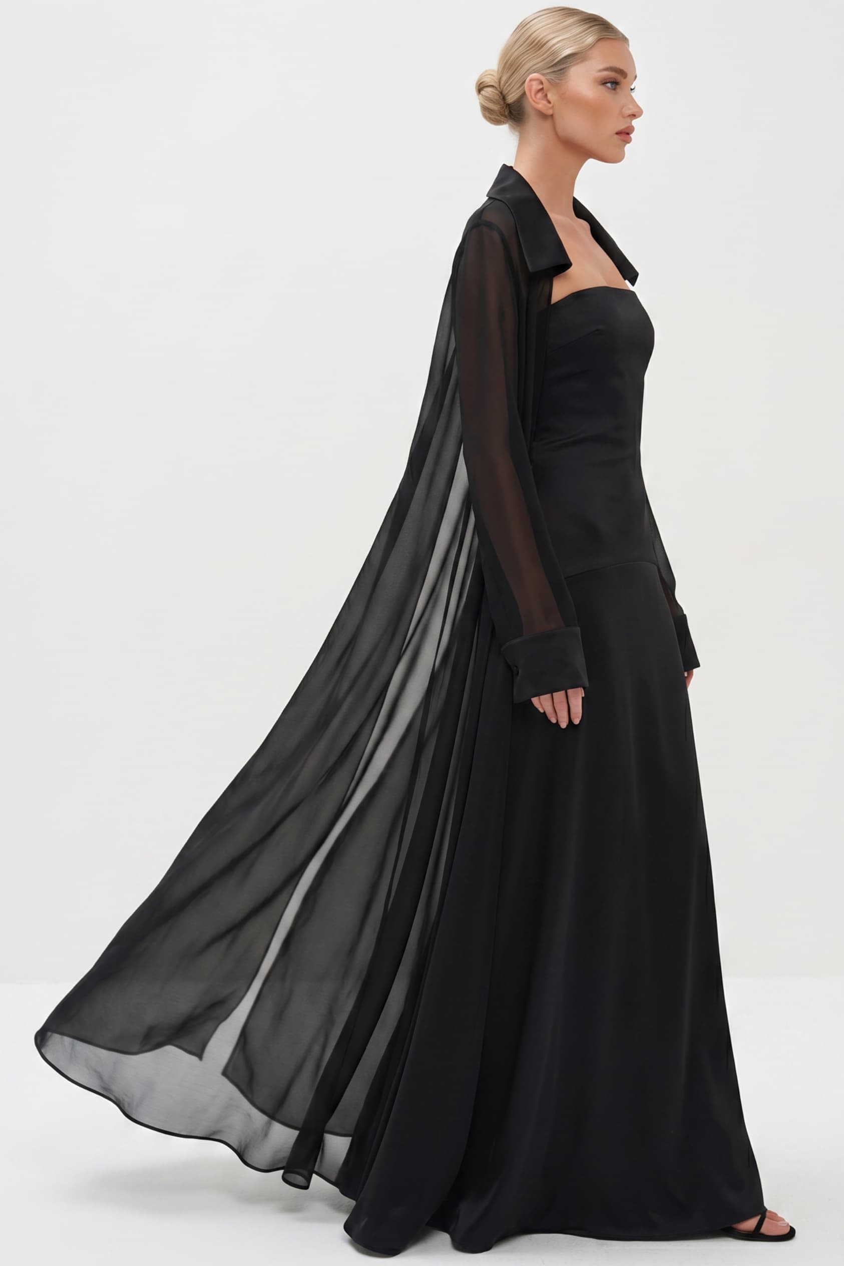 Elegant Satin Maxi Dress & Long Sheer Chiffon Cover-Up Two-Piece Set
