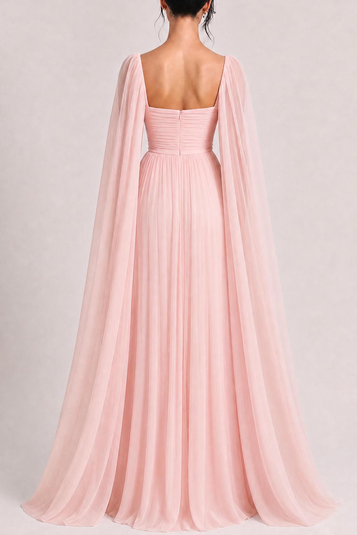 Elegant Cape Sleeve Pleated Chiffon Maxi Dress