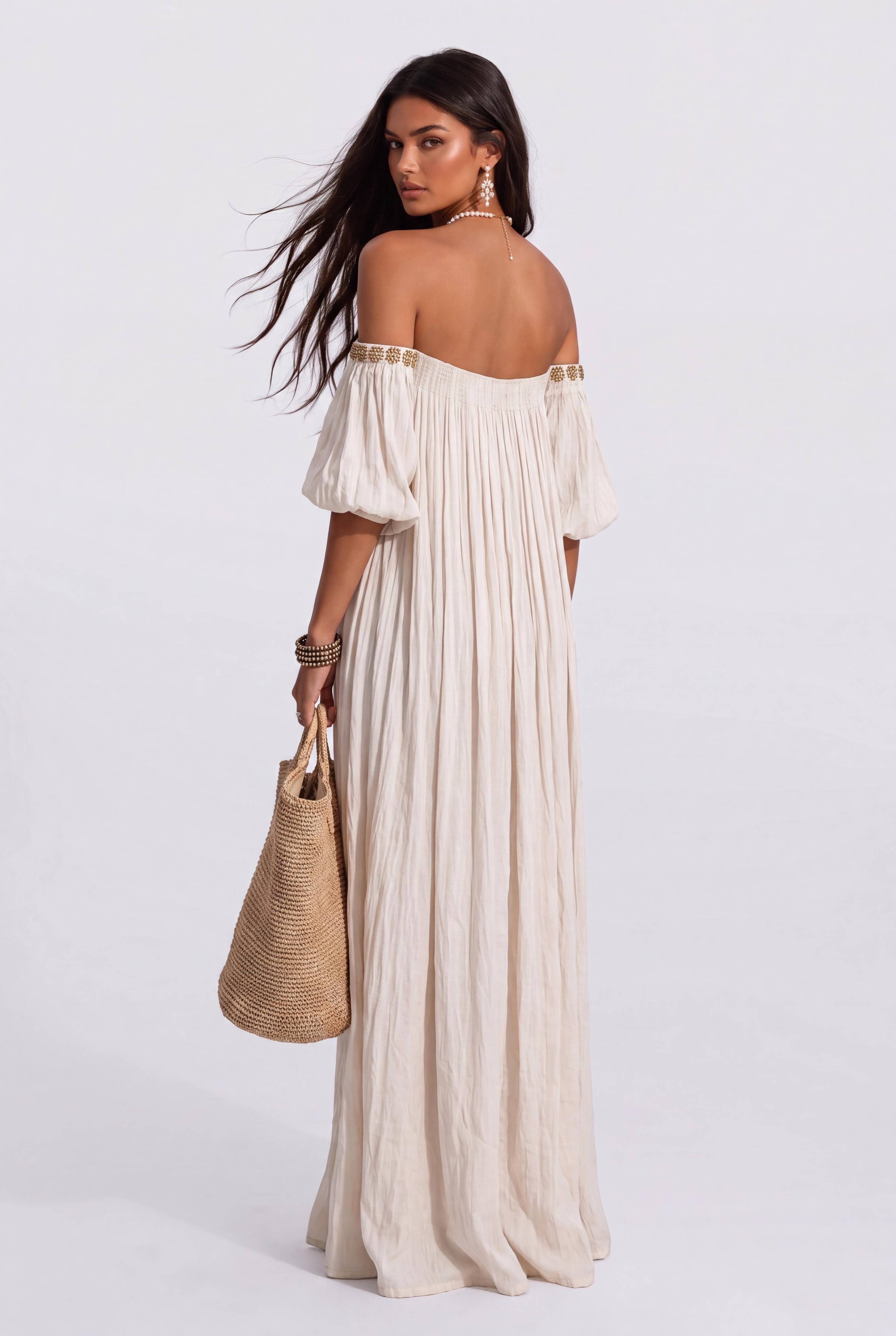 Bohemian Shoulder Loose Long Dress Lace Bubble Sleeve Split Elegant Vacation Dress