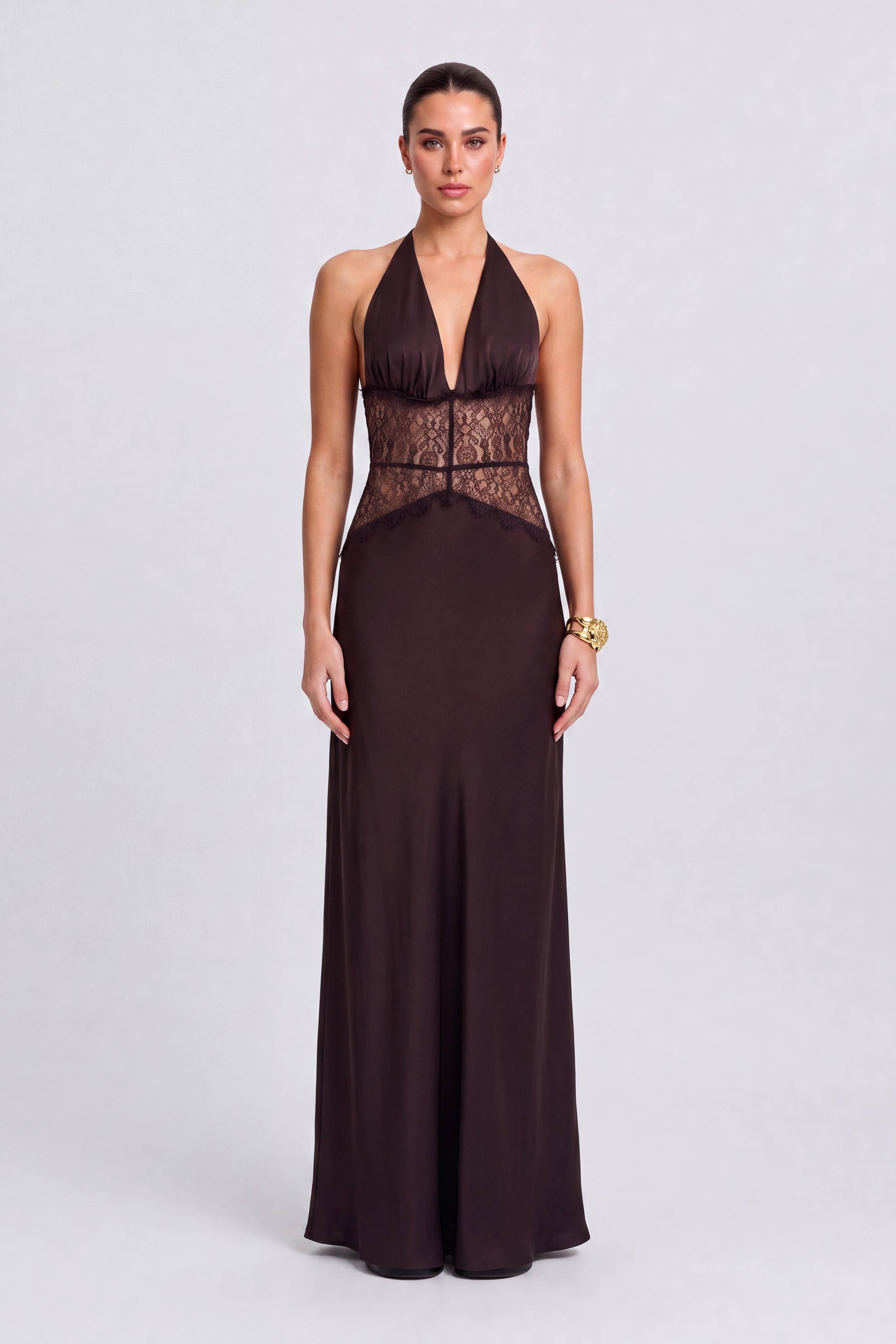 Lace Cut-Out Backless Neck Satin Long Dress