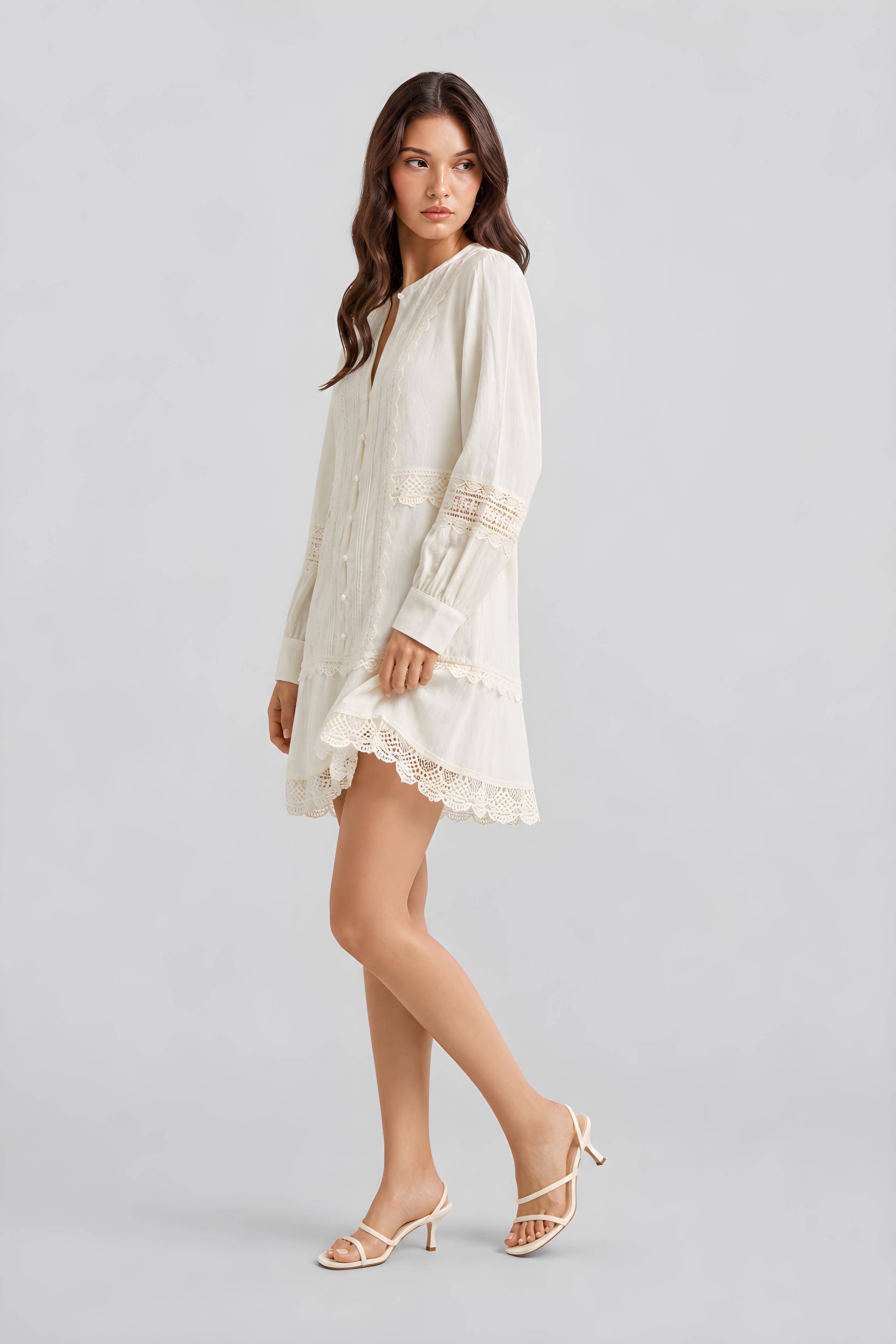 Bohemian Hollow Lace Skirt Long Sleeve V-Neck Casual Shirt Blouse