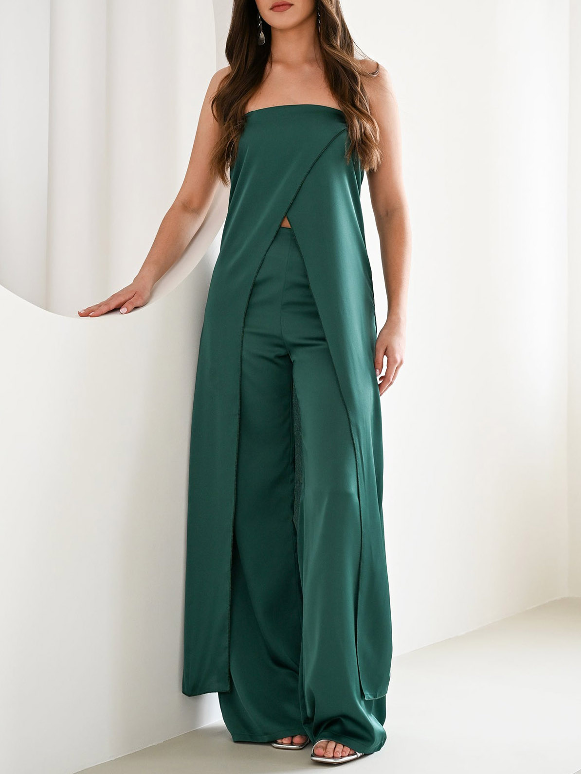 Elegant Strapless Satin Top & Pants Two-Piece Set